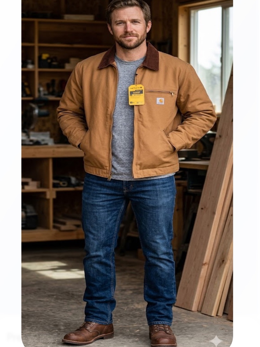 Carhartt Men's Tan Jacket with Dark Brown Corduroy Collar